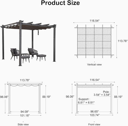 PURPLE LEAF Outdoor Pergola 10' X 10' Retractable Canopy Aluminum, Custom Shade - Image 7