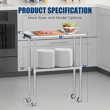 Stainless Steel Work Table with Wheels, 14x30 Inch NSF Food Prep Table with Backsplash & Adjustable Undershelf for Commercial Kitchen, Restaurant, Garage