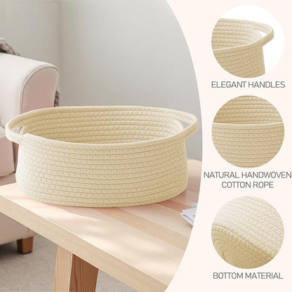 Woven Basket,Small Rope Storage Bin with Handles & Ribbon Bag, Organizer for Shelves Closets,Gift Basket Empty for Birthday,Books,Dog Toys,Beige
