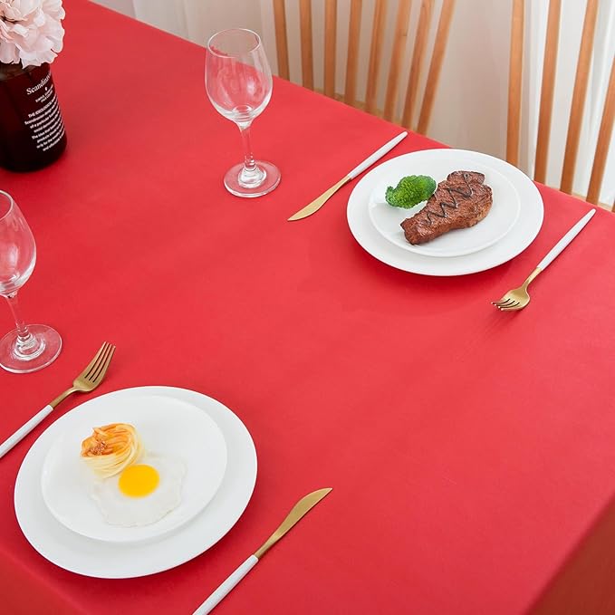 LIBERECOO Vinyl Christmas Tablecloth with Flannel Backing, Solid Red, Waterproof, Stain-Resistant, Easy-Clean Table Cover for Holiday, Dining, Kitchen, and Outdoor Use, 60" x 120" Rectangle