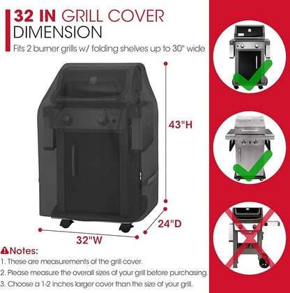 Unicook 2 Burner Grill Cover 32 Inch, Outdoor Small BBQ Cover with Side Handles and Straps, Heavy Duty Waterproof, Compatible for Weber Char-Broil Nexgrill Gas Grills with Collapsed Side Tables