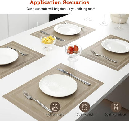Placemats Set of 12,Washable,Heat and Stain Resistant Indoor/Outdoor Place mats,Vinyl Woven Non Slip Table Mats for Restaurant Table Protection,PVC Placemats(Beige,12PCS)