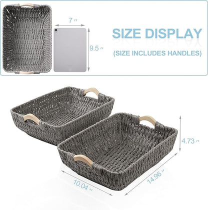 FairyHaus Wicker Baksets 2Pack 15x10x5, Recyclable & Renewable Paper Rope Wicker Storage Bakset with Solid Wood Handles, Wicker Baskets for Shelves Organizing, Grey