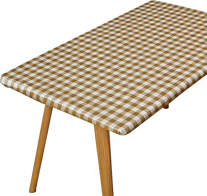 Rectangle Picnic Table Cloth, Elastic Waterproof Fitted Vinyl Tablecloths for 5 Foot Tables, Wipeable Flannel Backed Table Covers for Dining, Camping, Outdoor(Khaki Plaid,30"x60")