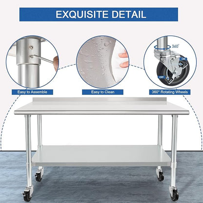HARDURA Stainless Steel Table 30 x 60 Inches with Wheels Casters NSF Heavy Duty Commercial Prep Table with 2” Backsplash and Adjustable Undershelf for Restaurant Kitchen Home and Hotel