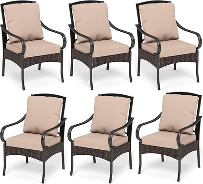 PHI VILLA Patio Chairs Set of 6, Heavy Duty Outdoor Metal Wicker Dining Chair with Thick Cushions, Large All Weather Wrought Iron Deck Chair for Outisde, Porch Backyard, Support 300lbs