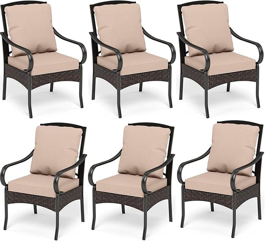 PHI VILLA Patio Chairs Set of 6, Heavy Duty Outdoor Metal Wicker Dining Chair with Thick Cushions, Large All Weather Wrought Iron Deck Chair for Outisde, Porch Backyard, Support 300lbs
