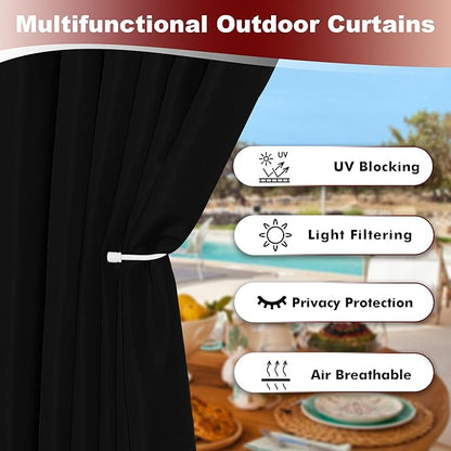 HolidayIdeas Grommet Outdoor Curtains for Patio Waterproof 8 Pcs All Weather Balcony Black Outside Curtains for Apartments, Gazebo, Pergolas, Porch, 54x95 Inch