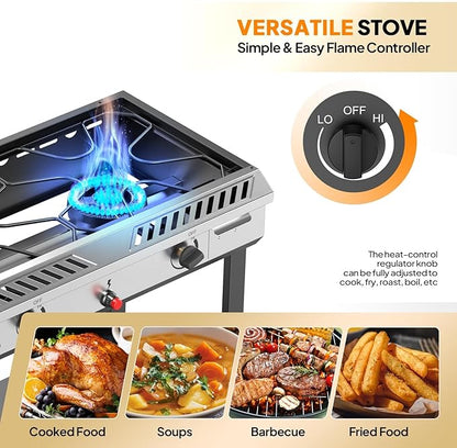 Bonnlo 2 Burner Propane Gas Stove with Auto Ignition, 150,000 BTU Portable Outdoor Camp Cooker Stove with Convenient Shelf & Smooth Rolling Wheels for Backyard, Camping, Tailgating, Patio Parties
