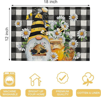 Seliem Spring Bee Gnome Daisy Placemats Set of 4, Honey Black White Buffalo Check Plaid Dining Table Place Mats, Summer Seasonal Farmhouse Kitchen Decor Home Decoration 12 x 18 Inch