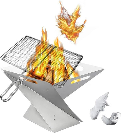 Foldable Portable Fire Pit - Stainless Steel Camping Fire Bowl with 304 Steel Grill Net & Heat-Resistant Gloves - Compact Bonfire Pit for Outdoor BBQ, Patio, Garden & Camping, 16.54 Inch