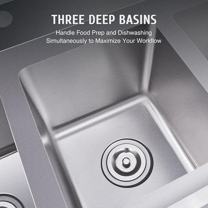 WILPREP NSF Stainless Steel 3 Compartment Commercial Sink 11x10x10 Inch Basins, Kitche Station Utility Sink for Restaurant Bar Home Laundry Room Garage