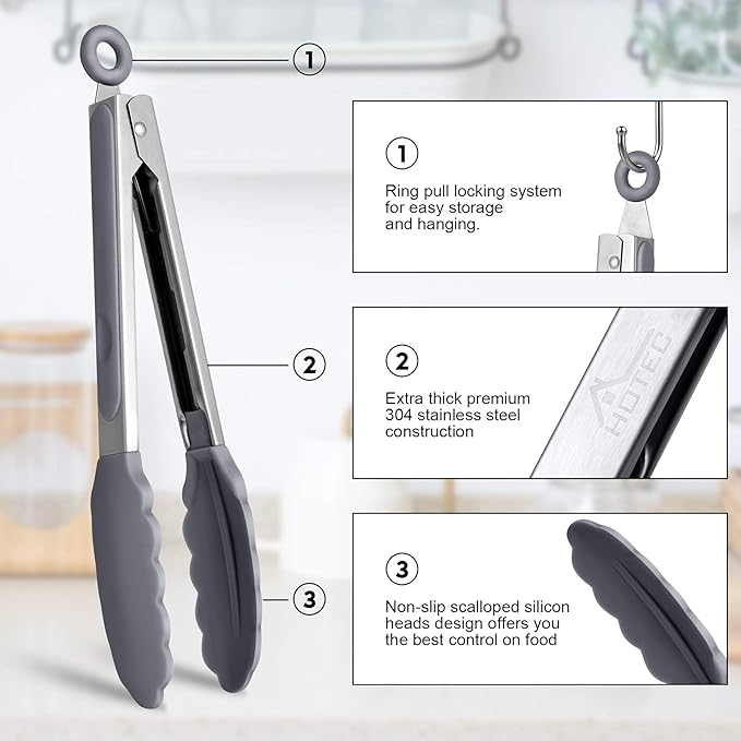 HOTEC Premium Stainless Steel Locking Kitchen Tongs with Silicon Tips, Set of 2-9" and 12" Light Grey