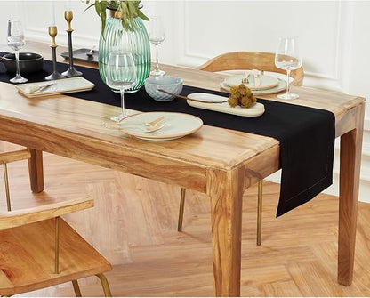Solino Home Linen Black Table Runner 36 Inches - Medium Weight Hemstitch, 100% Pure Linen Coffee Table Runner 14 x 36 Inch Ideal for Dresser Tables - Winter