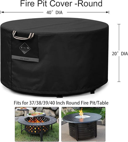 QH.HOME Fire Pit Cover Round Super Waterproof, 40inch Outdoor Round Firepit Cover 600D Strong Tear Resistant, UPF 50+ Fire Pit Covers Premium Fading Resistant for Outdoor Fire Pit - Black