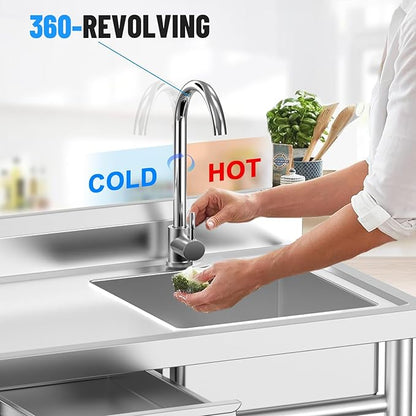 Utility Sink, Commercial Kitchen Stainless Steel Sink, 39.5'' Free Standing Single Bowl Sink with Drawer & Cold and Hot Water Pipe for Kitchen Laundry Room Farmhouse Indoor and Outdoor