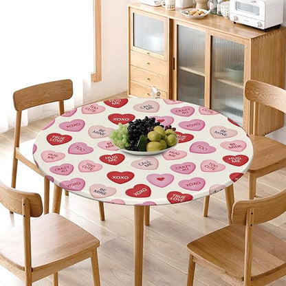 Valentines Day Round Fitted Tablecloth with Elastic Pink Red Love Hearts Circle Table Cloth for 44-48" Round Tables Wipeable Waterproof Valentines Decorative Table Cover for Picnic Dining Party Decor