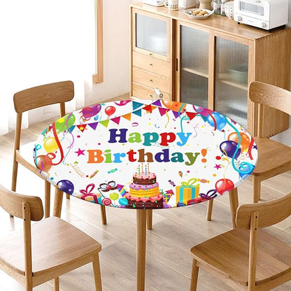 Birthday Round Fitted Tablecloth with Elastic Colorful Happy Birthday Party Circle Table Cover for 44-48" Round Tables Wipeable Waterproof Cake Balloons Gifts Table Cloth for Picnic Dining Patio Decor