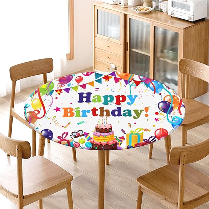 Birthday Round Fitted Tablecloth with Elastic Colorful Happy Birthday Party Circle Table Cover for 48-52" Round Tables Wipeable Waterproof Cake Balloons Gifts Table Cloth for Picnic Dining Patio Decor