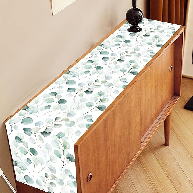 Green Eucalyptus Table Runner, Farmhouse Spring Summer Seasonal Plants Leaves Rustic Country Greenery Cafe Coffee Table Center Decor for Home Kitchen Dining Patio Indoor Outdoor, 13"x90" Inch
