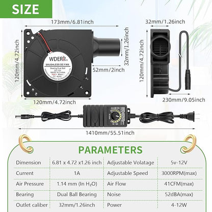 120mm x 32mm Small BBQ 12V Electric Blower Fan with Controller for Squirrel Cage Air Blower, Smoker Ventilation, Inflatable Replacement, Charcoal Starter, Fireplace Wood Stove Bellow
