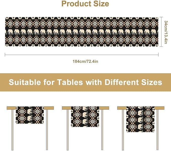 African Table Runner, African Art Elephants Geometric Tribal Ethnic Table Runner for Dining Kitchen Farmhouse Party Coffee Home 13x120in