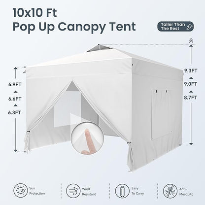 PHI VILLA 10x10 Pop Up Canopy Tent with Sidewalls - Easy Up Tent with Mesh Windows for Ventilation, Waterproof Design - Ideal for Parties, Beach, and Outdoor Events (White)
