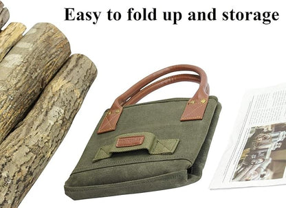 INNO STAGE Firewood Log Carrier Bag Waxed Canvas Tote Holder with Fireplace Pure Leather Gloves Set for Camping, BBQ Barbecue- Green Bag