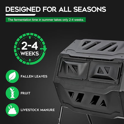 F2C Compost Bin Outdoor 43 Gallon Garden Dual Chamber Composter Bin - Bundled with Pearson's Gardening Gloves，BPA Free, Heavy-Duty Steel Frame, Rotating Tumbler with Sliding Doors | (Black)