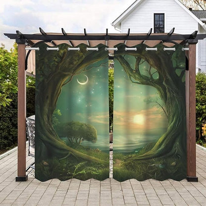 Forest Theme Outdoor Curtains for Patio Waterproof,Trees Moon Lake Pattern,Weatherproof Outside Curtain for Cabana, Porch, Pergola and Gazebo,Set of 2 Panels,W42 x L84,Green