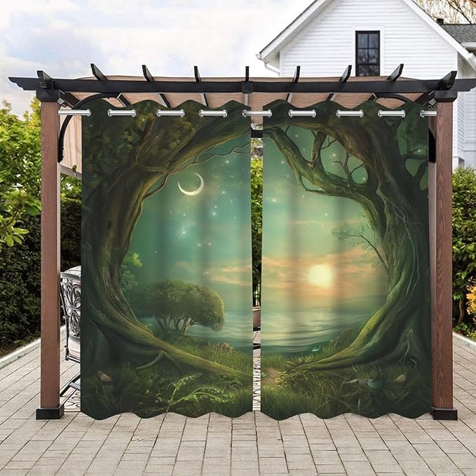 Forest theme Outdoor Curtains for Patio Waterproof,Trees Moon Lake pattern,Waterproof, Privacy, Grommet Curtains for Patio, Pergola, Porch, Deck, Lanai, Cabana,Set of 2 Panels,W54 x L108,Green
