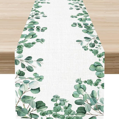 Farmhouse Table Runner, Green Eucalyptus Spring Summer Seasonal Plants Rustic Country Cafe Coffee Table Center Decor for Home Kitchen Dining Patio Indoor Outdoor Table Decorations, 13"x108" Inch