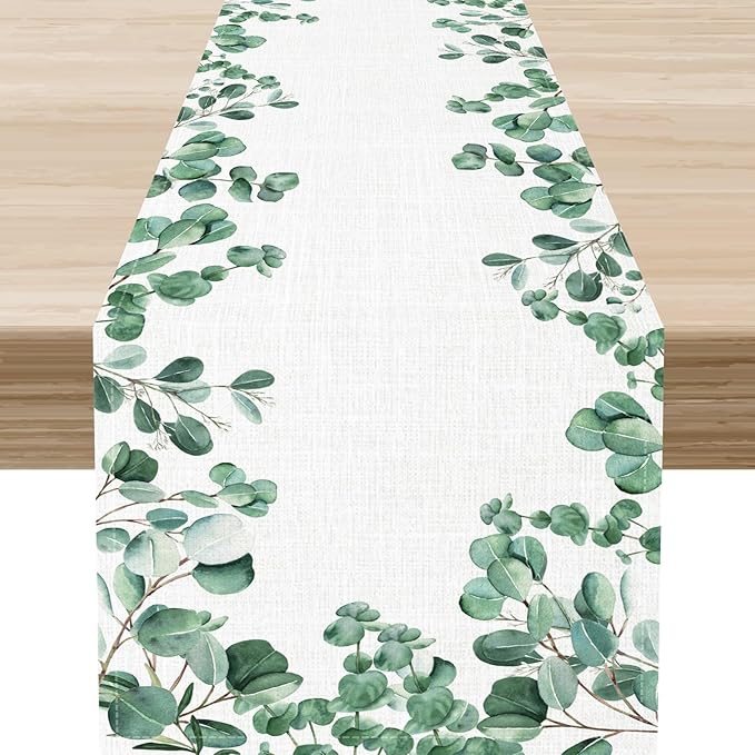 Farmhouse Table Runner, Green Eucalyptus Spring Summer Seasonal Plants Rustic Country Cafe Coffee Table Center Decor for Home Kitchen Dining Patio Indoor Outdoor Table Decorations, 13"x36" Inch