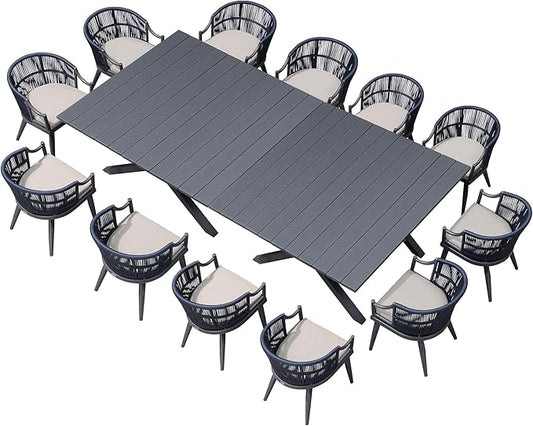 PURPLE LEAF 14 Pieces Outdoor Dining Set All Weather Wicker Patio Dining Set with Rectangular Aluminum Table and Modern Armrest Dining Chairs for Garden Deck Backyard Kitchen, Grey