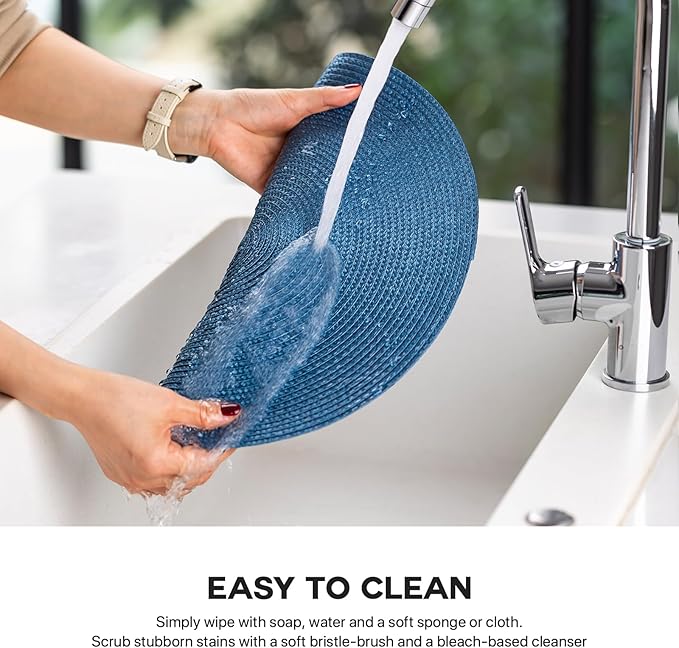 Round Placemats Set of 12 Plastic Woven Placemats Washable Wipeable Table Mats for Dining Table Heat Resistant Non-Slip Circle Place Mats (Royal Blue)
