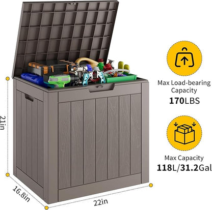 31 Gallon Outdoor Storage Deck Box Waterproof,Garden Tool,Backyard Cushion,Poolside Storage,Small Delivery Boxes for Outside,Lockable Lid,Wood-like Striped Black