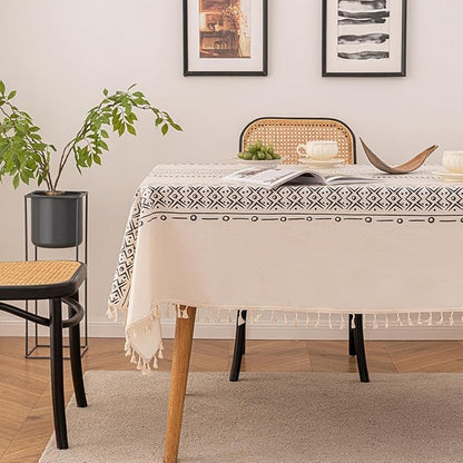 Waterproof Tassels Tablecloth, Bohemian Orange Colorful Table Cloth,White Black,Rectangle for 8 Foot,Fall Summer Dining Table Cover,Mexican,Indoor Outdoor,Farmhouse,Cute Vintage,Cotton