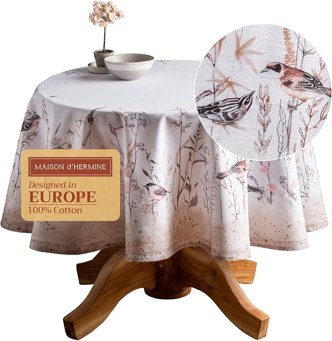 Maison d' Hermine Table Cloth Round Table 100% Cotton 69 Inches Tablecloth Reusable Decorative for Dining Room, Farmhouse, Home, Party, Festive & Wedding Spring Summer - Meadow Florals - Brown