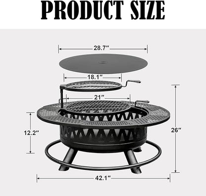 42 Inch Fire Pit with 2 Grills, Large Outdoor Firepits for Outside, Wood Burning Fireplace for Camping,Picnic,Bonfire, 3-in-1 Round Metal Table with Lid for Backyard,Patio,Party