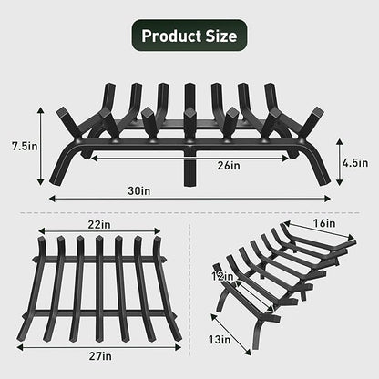 mestyl Fireplace Grate 30 Inch Heavy Duty Wrought Iron Fireplace Log Grate, 4/5" Bar Fire Grates, Firewood Log Burning Rack for Outdoor Wood Stove Pit & Fireplace Log Holder Indoor