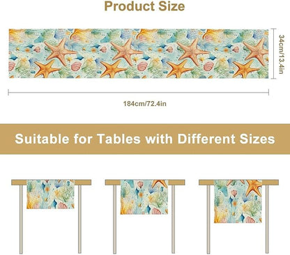 Starfish Conch Shell Table Runners, Season Coastal Marine Life Table Runners for Kitchen Dining Outdoor Home Party 13x120in