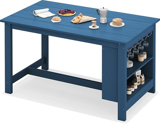 SERWALL Outdoor Bar Table, All Weather HDPE 36" Counter Height Dining Table with Storage and Wine Rack for Patio, Garden, Backyard, Balcony, Poolside, Blue
