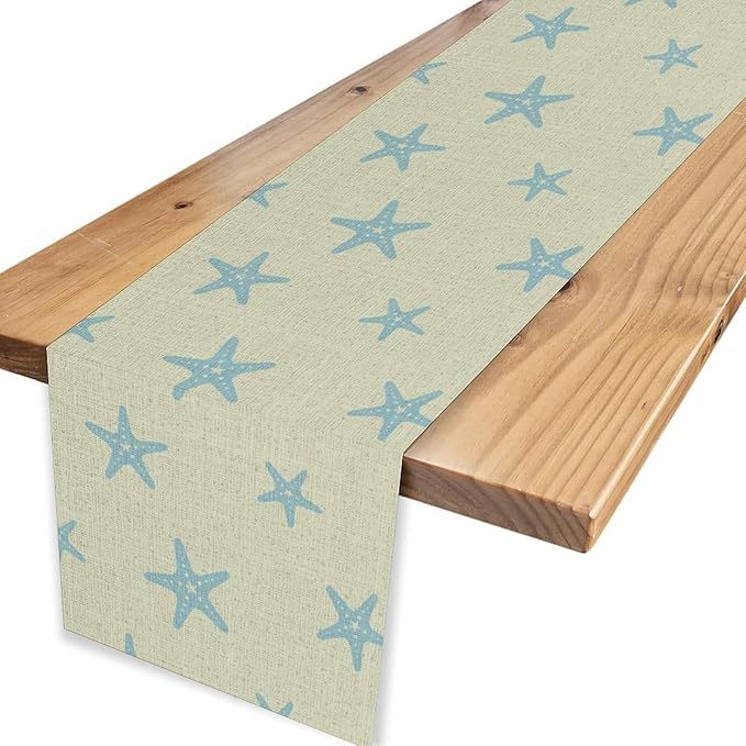 Blue Starfish Table Runner,Nautical Beach Ocean Table Runner Seasonal Holiday Home Kitchen Dining Table for Home Party Decor 13"x36"