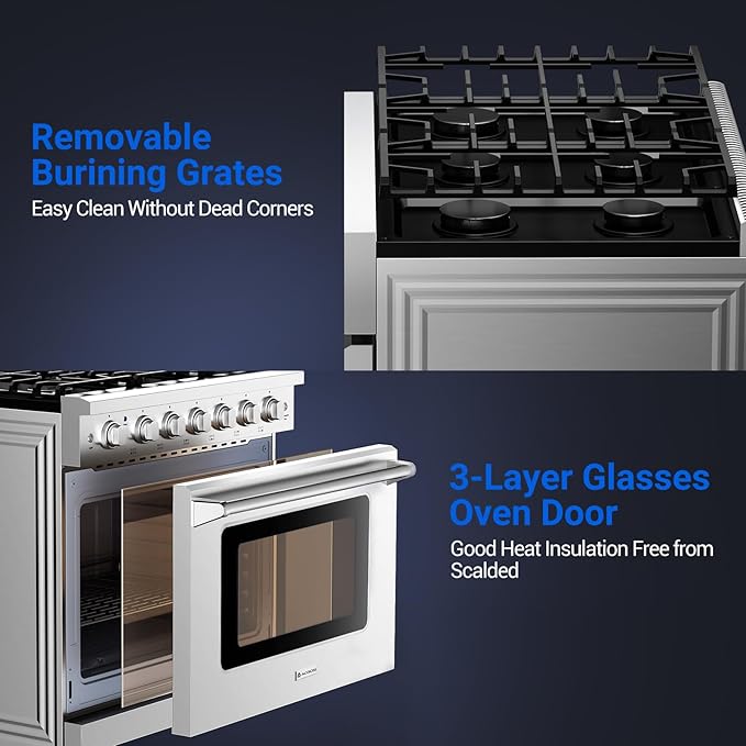 AAOBOSI 36 Inch Front Control Gas Range Oven with 6 Cooktop Burners, 6 Cu. Ft True Convection and Self Clean, Freestanding Stainless Steel Heavy Duty Gas Range Stove with Halogen Light,Large Capacity