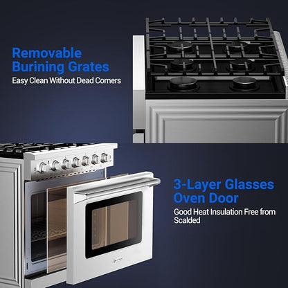 AAOBOSI 36 Inch Front Control Gas Range Oven with 6 Cooktop Burners, 6 Cu. Ft True Convection and Self Clean, Freestanding Stainless Steel Heavy Duty Gas Range Stove with Halogen Light,Large Capacity