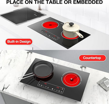 Electric Cooktop,110V 2400W 2 Burner Electric Cooktop,Countertop and Built-in Stove top with 9 Power Levels,Child Safety Lock, Timer, LED touch control,Overheat Protection
