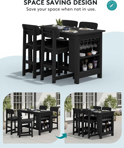 SERWALL Outdoor Bar Table and Chairs Set, 5-Piece HDPE Counter Height Patio Dining Sets with Storage and Wine Rack, Rectangular High Top Bar Table with 4 Bar Stools for Garden, Backyard, Black