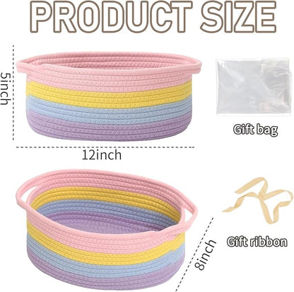 Woven Basket,Small Rope Storage Bin with Handles & Ribbon Bag, Organizer for Shelves Closets,Gift Basket Empty for Birthday,Books,Dog Toys, Rainbow/3 Pack