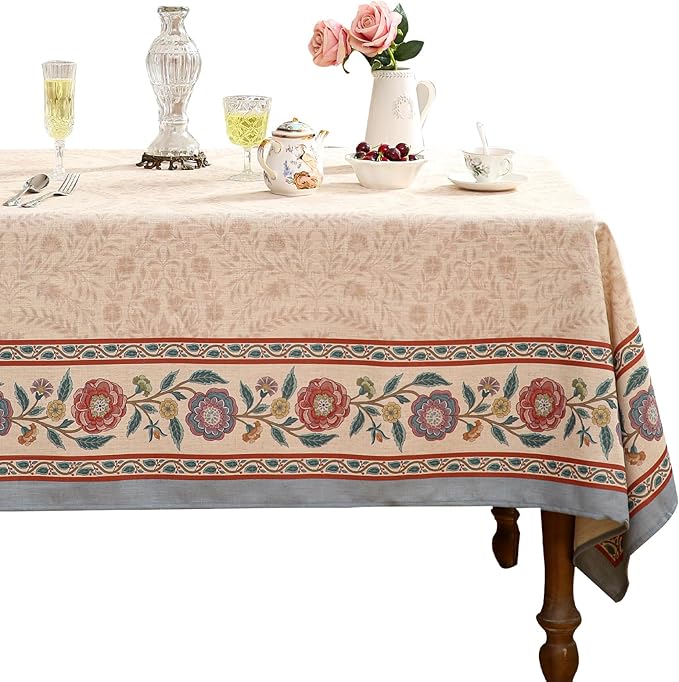 Beige Linen Small Rectangle Tablecloth,Vintage Indian Style Soft and Colorfast Floral Tablecloths,Decor Table Cover for Kitchen,Dining,Thanksgiving,Christmas,55"*71"-Flowershadow E