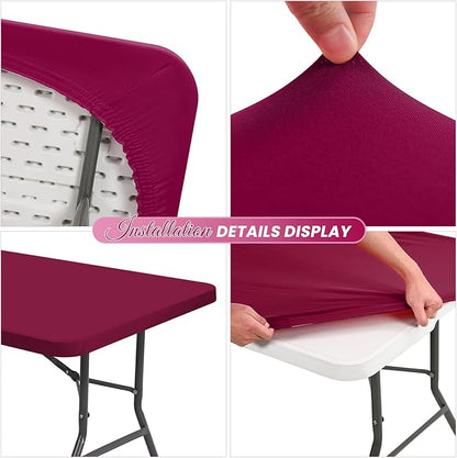 6 Pack Stretch Fabric Table Top Cap Cover, Wine Red Table Covers fits 8Ft Tables, Washable Elastic Universal Rectangle Tablecloth Protector for Indoor Outdoor Party Picnic Wedding (30" W x 96" L)
